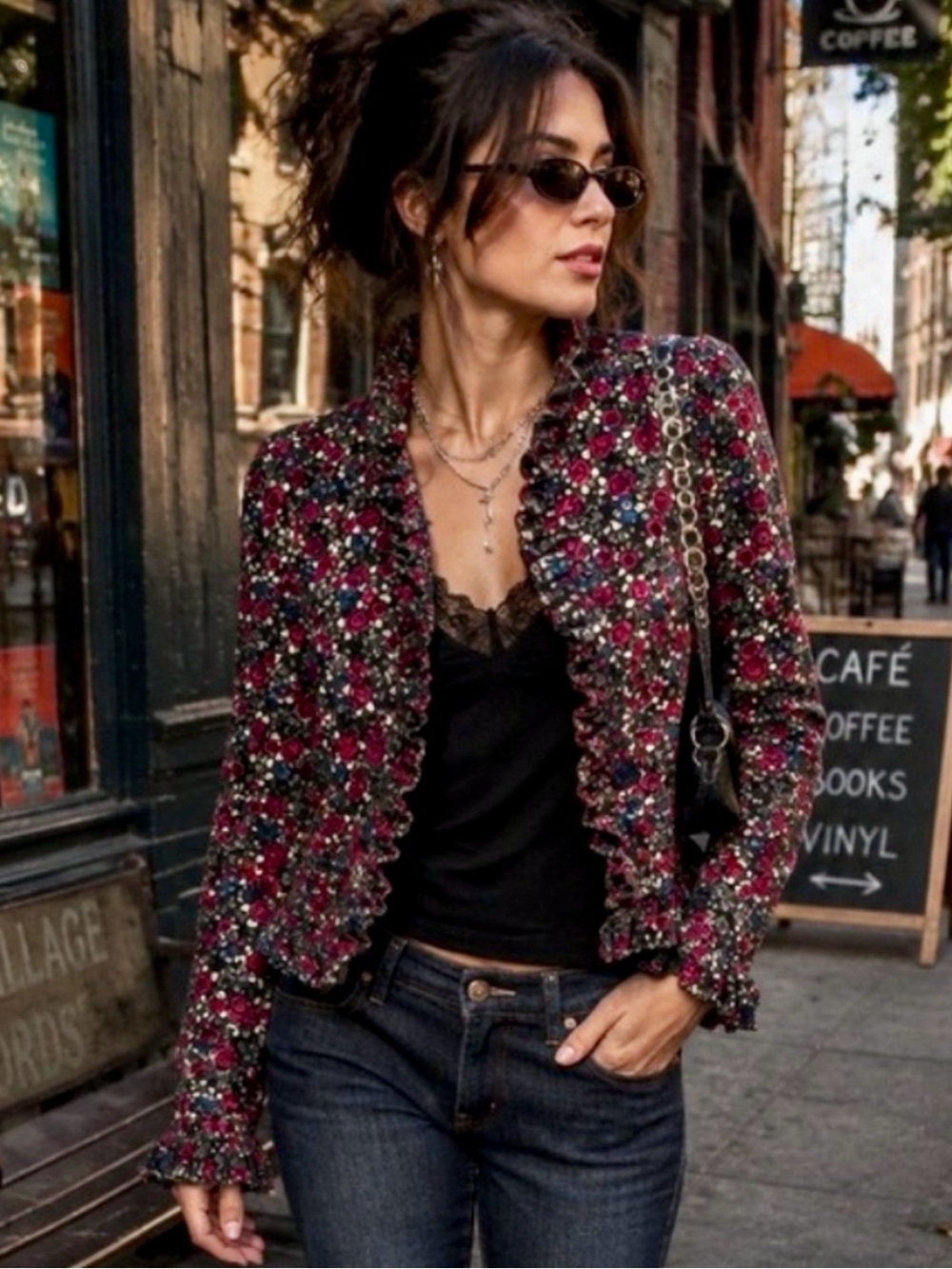 Betsey Johnson New York Black Label Vintage Corduroy Floral Ruffle Jacket sz 10